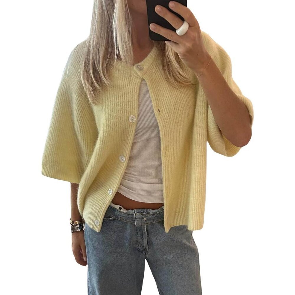Women's Cropped Cardigan Short Sleeve Button Knit Top Casual Summer Fall